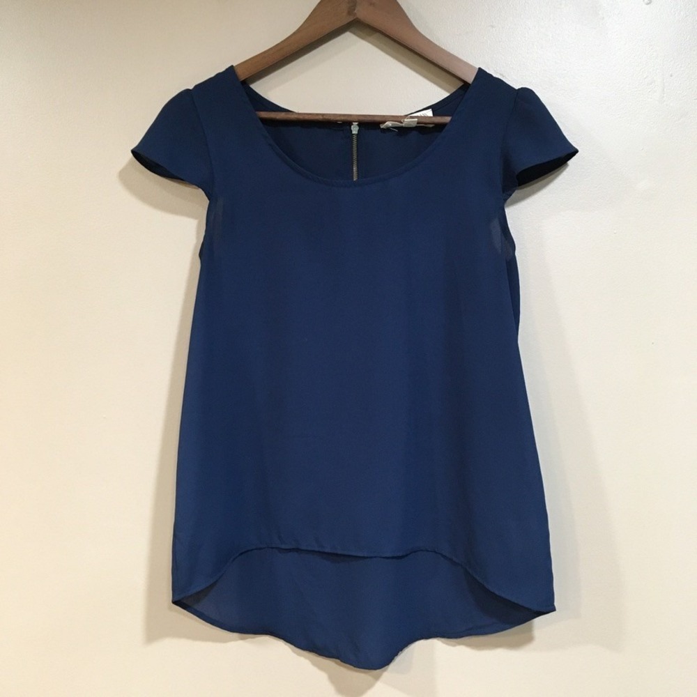 Pink Rose Classic Navy Blue Blouse Womens S Cap Sleeve Back Zip Minimalist Lagom